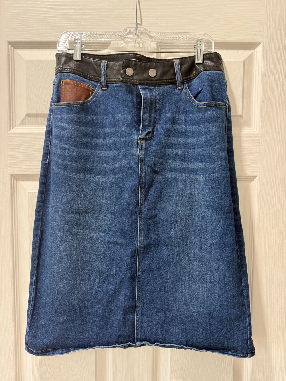 Denim Skirt with Leather Waistband and Snap Buttons